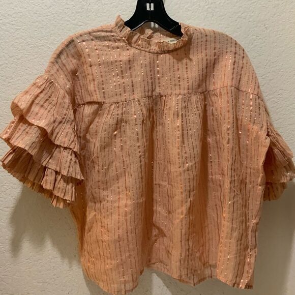 Ulla Johnson Womens Metallic Stripe Short Sleeve Ruffle Top Blouse Peach Size 2 - Picture 3 of 8